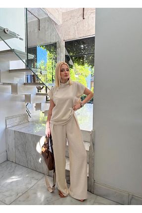 ست بالاتنه و پائین تنه بژ زنانه بافتنی FİOXCO - کد 934539513