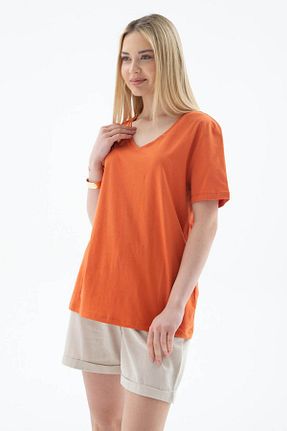 تیشرت نارنجی زنانه یقه هفت Fashion Friends - کد 905719506