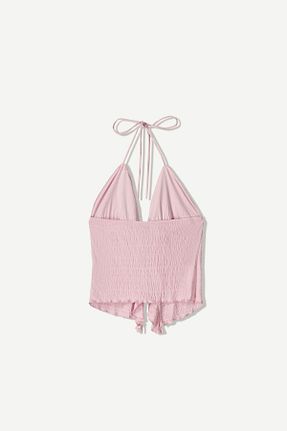 تیشرت صورتی زنانه یقه دگاژه Bershka - کد 936298385