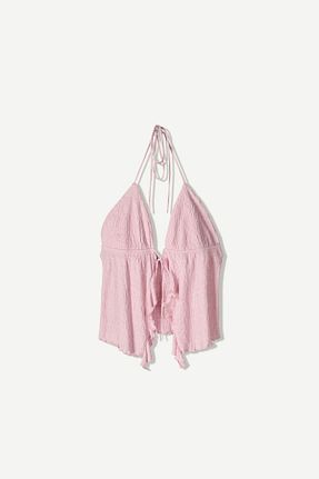تیشرت صورتی زنانه یقه دگاژه Bershka - کد 936298385