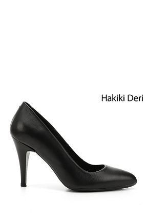 کفش پاشنه بلند کلاسیک مشکی زنانه چرم خالص GÖNDERİ(R) - کد 1213167