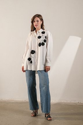 پیراهن سفید زنانه اورسایز GÖMLEX - کد 936101050