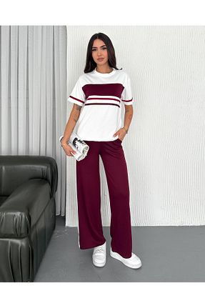 ست بالاتنه و پائین تنه زرشکی زنانه بافت Elaxi - کد 936524769