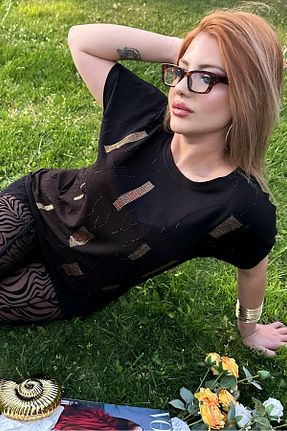 تیشرت سایز بزرگ مشکی زنانه سایز بزرگ RICH GLAM - کد 936541230