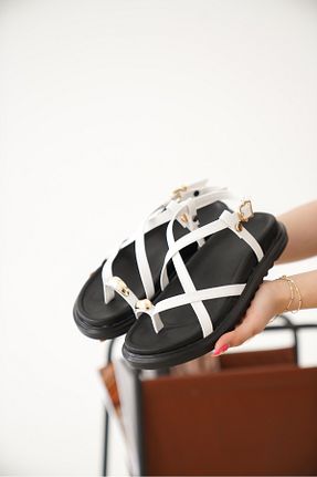 دمپائی سفید زنانه چرم مصنوعی CİMİLİ SHOES - کد 927503511