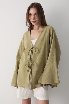 کیمونو و کافتان خاکی زنانه کتان JASTE - کد 930037838