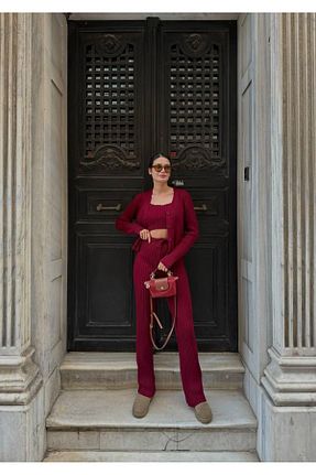 ست بالاتنه و پائین تنه زرشکی زنانه تریکو NZL TEKSTİL - کد 936677531