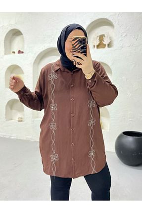 پیراهن سایز بزرگ قهوه ای زنانه Gömlek Sevda Kılınç - کد 936908384