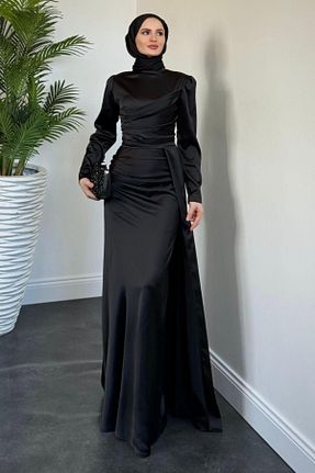 لباس مجلسی حجاب مشکی زنانه یقه ایستاده MERVEN AKYÜZ - کد 936980242