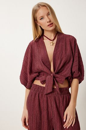 ست بالاتنه و پائین تنه زرشکی زنانه مخلوط کتان Happiness İstanbul - کد 935481847