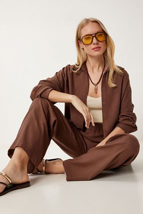 ست بالاتنه و پائین تنه قهوه ای زنانه بافتنی Happiness İstanbul - کد 935481806