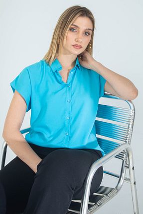 پیراهن فیروزه ای زنانه یقه پیراهنی Nuevo - کد 937580031