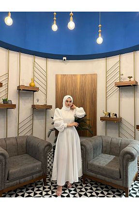 لباس مجلسی حجاب سفید زنانه یقه ایستاده KADEL - کد 937805181