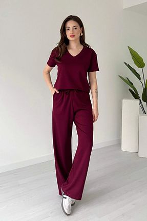 ست بالاتنه و پائین تنه زرشکی زنانه بافتنی The Robi - کد 933907485