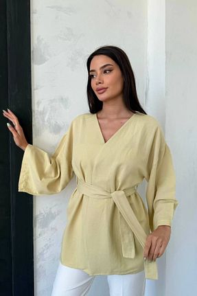 کافتان و کیمونو حجاب زرد زنانه کتان oshebu - کد 937734308