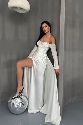 لباس مجلسی و فارغ التحصیلی سفید زنانه ساتن İyem Abiye - کد 921469534