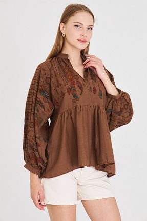 بلوز قهوه ای زنانه گلدار armonika - کد 938438719