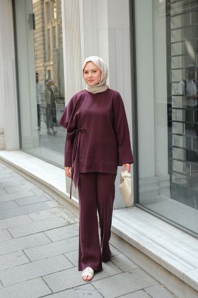 ست بالاتنه و پائین تنه زرشکی زنانه بافتنی LOCCO - کد 938770587