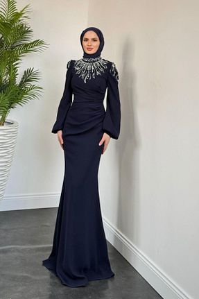 لباس مجلسی حجاب سرمه ای زنانه یقه ایستاده MERVEN AKYÜZ - کد 939029527