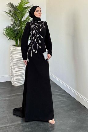 لباس مجلسی حجاب مشکی زنانه یقه ایستاده MERVEN AKYÜZ - کد 939067909
