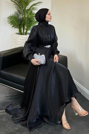 لباس مجلسی حجاب مشکی زنانه یقه ایستاده MERVEN AKYÜZ - کد 939057122