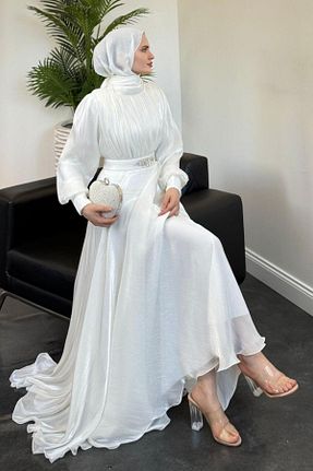 لباس مجلسی حجاب سفید زنانه یقه ایستاده MERVEN AKYÜZ - کد 939056984