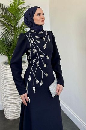 لباس مجلسی حجاب سرمه ای زنانه یقه ایستاده MERVEN AKYÜZ - کد 939067963