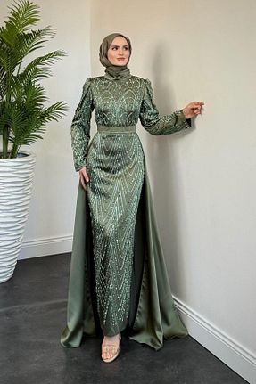 لباس مجلسی حجاب خاکی یقه ایستاده MERVEN AKYÜZ - کد 939057313