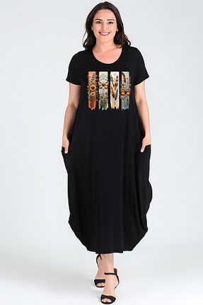 لباس سایز بزرگ مشکی زنانه مخلوط ویسکون Curvy Trend - کد 937544512