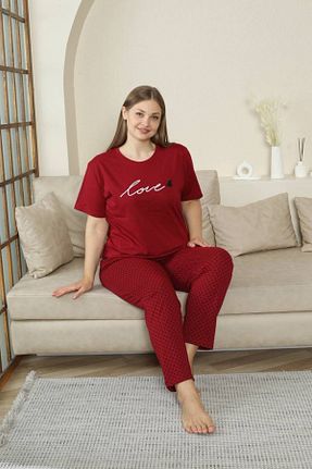 ست لباس راحتی سایز بزرگ زرشکی زنانه طرح دار shopshop - کد 937621624