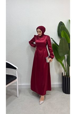 لباس مجلسی حجاب زرشکی زنانه یقه ایستاده Lamia Giyim - کد 839272417