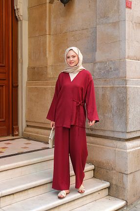 ست بالاتنه و پائین تنه زرشکی زنانه بافتنی LOCCO - کد 938465708