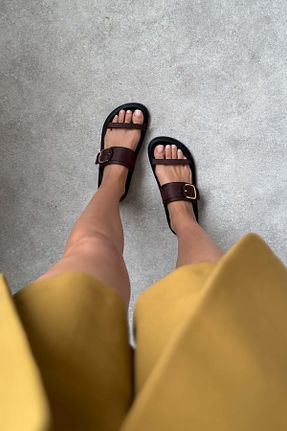 دمپائی قهوه ای زنانه چرم مصنوعی NİŞANTAŞI SHOES - کد 937808500