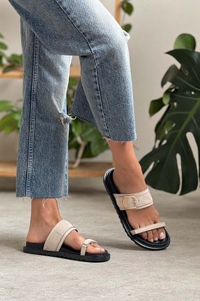 دمپائی بژ زنانه چرم مصنوعی NİŞANTAŞI SHOES - کد 937808503