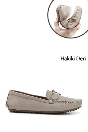 کفش لوفر بژ زنانه چرم خالص GÖNDERİ(R) - کد 906432287