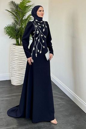 لباس مجلسی حجاب سرمه ای زنانه یقه ایستاده MERVEN AKYÜZ - کد 939067963