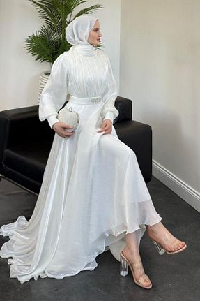 لباس مجلسی حجاب سفید زنانه یقه ایستاده MERVEN AKYÜZ - کد 939056984