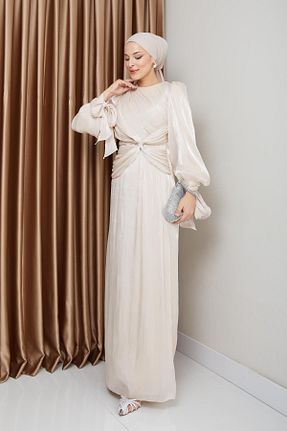 لباس مجلسی حجاب بژ زنانه یقه دوچرخه Olcay - کد 888159887