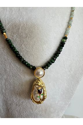 گردنبند جواهر سبز زنانه مروارید Enki Design - کد 937685082