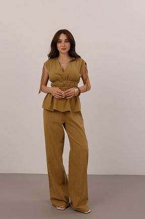 ست بالاتنه و پائین تنه خاکی زنانه بافتنی FACETTE - کد 937734467