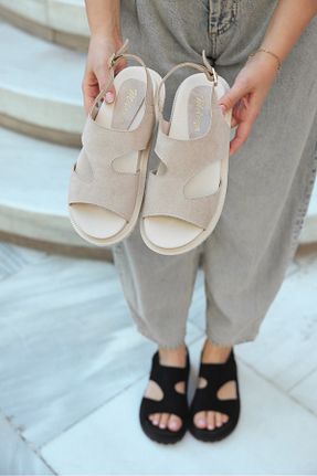 صندل بژ زنانه پاشنه تخت MİLAYA SHOES - کد 932352293