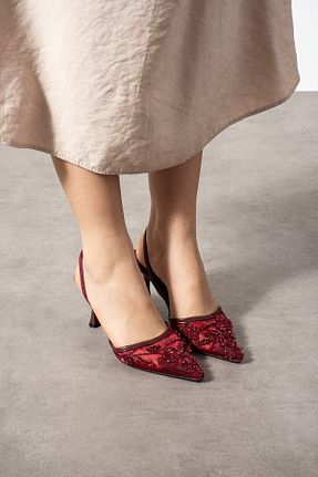 کفش پاشنه بلند کلاسیک زرشکی زنانه توری Mio Styllo - کد 932836736