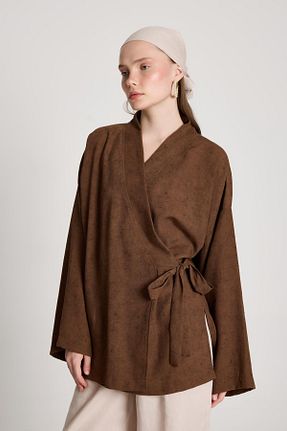 کیمونو و کافتان قهوه ای زنانه کتان minaaise - کد 938780177