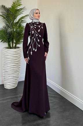 لباس مجلسی حجاب بنفش زنانه یقه ایستاده MERVEN AKYÜZ - کد 939067309