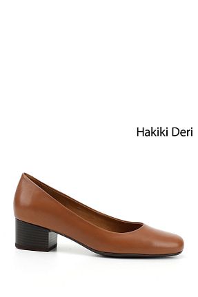 کفش پاشنه بلند کلاسیک قهوه ای زنانه چرم خالص GÖNDERİ(R) - کد 215623900