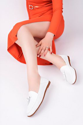 کفش لوفر سفید زنانه چرم خالص Deripabuc - کد 822771173