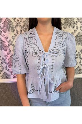 بلوز آبی زنانه گلدار LASVİKA - کد 939630303