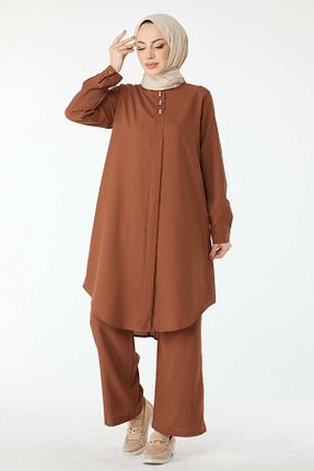 ست بالاتنه و پائین تنه حجاب قهوه ای زنانه رگولار TOFİSA - کد 807775773