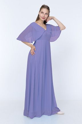 لباس مجلسی سایز بزرگ بنفش زنانه یقه هفت MODA LABİO - کد 94717436