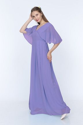 لباس مجلسی سایز بزرگ بنفش زنانه یقه هفت MODA LABİO - کد 94717436